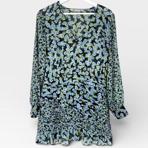 Zara Floral Print Black Blue Green Ruffle Long Sleeve Mini Dress Large